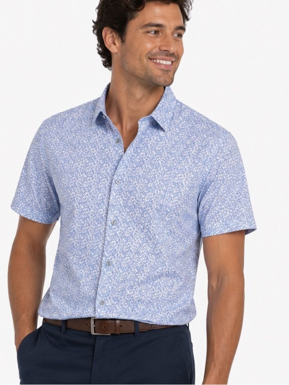 Calvin Klein Reg Fit Blue Floral Casual Short Sleeve Button Down Shirt X…